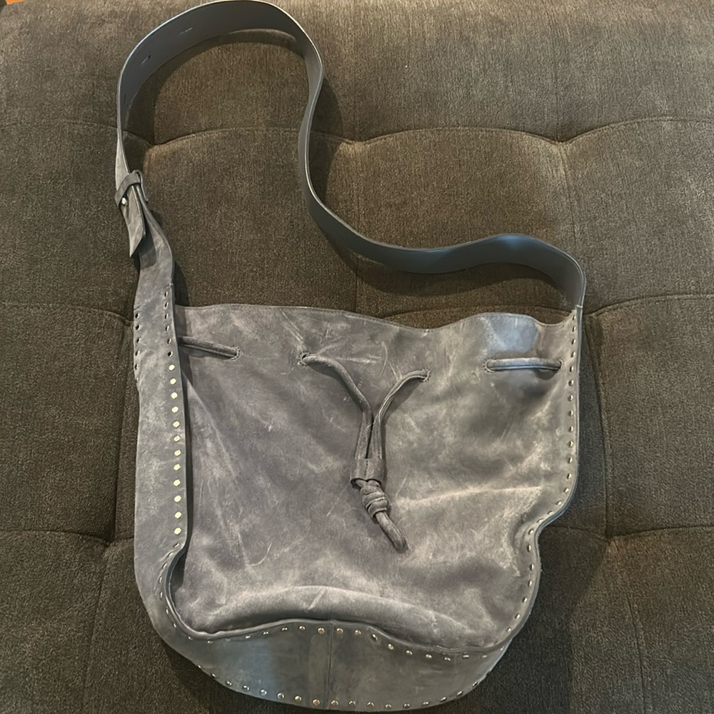 Rebecca Minkoff Suede Steel Blue Gray Stud Cross Body Shoulder Bag Hobo